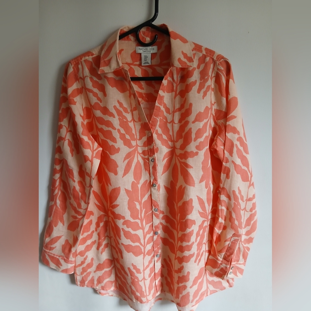 Rachel Zoe 100% Linen Orange Leaf Print Blouse SzSm Oversized Roll Tab Sleeve - Picture 4 of 9
